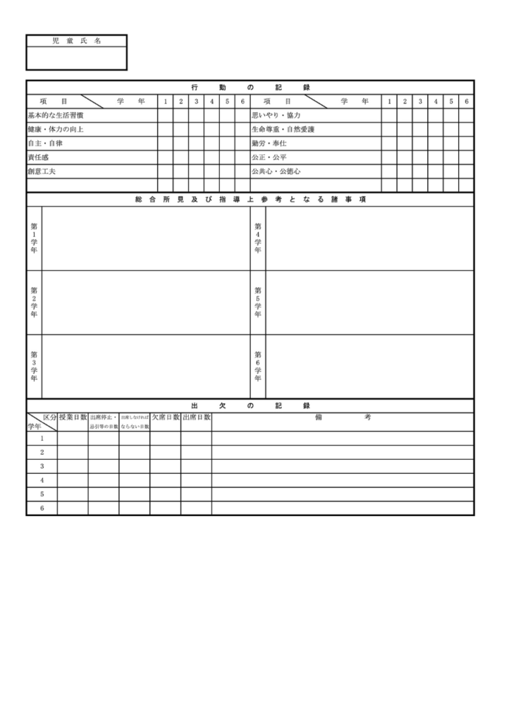 小学校児童指導要録(行動の記録、総合所見及び指導上参考となる諸事項)